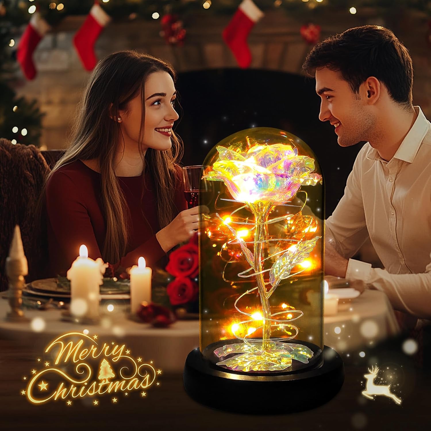 Birthday Gifts for Women,Christmas Flowers Gifts for Her,Women,Mom,Wife,Grandma,Light up Rose in Glass Dome,Colorful Rainbow Flowers for Christmas,Anniversary,Valentines,Birthday