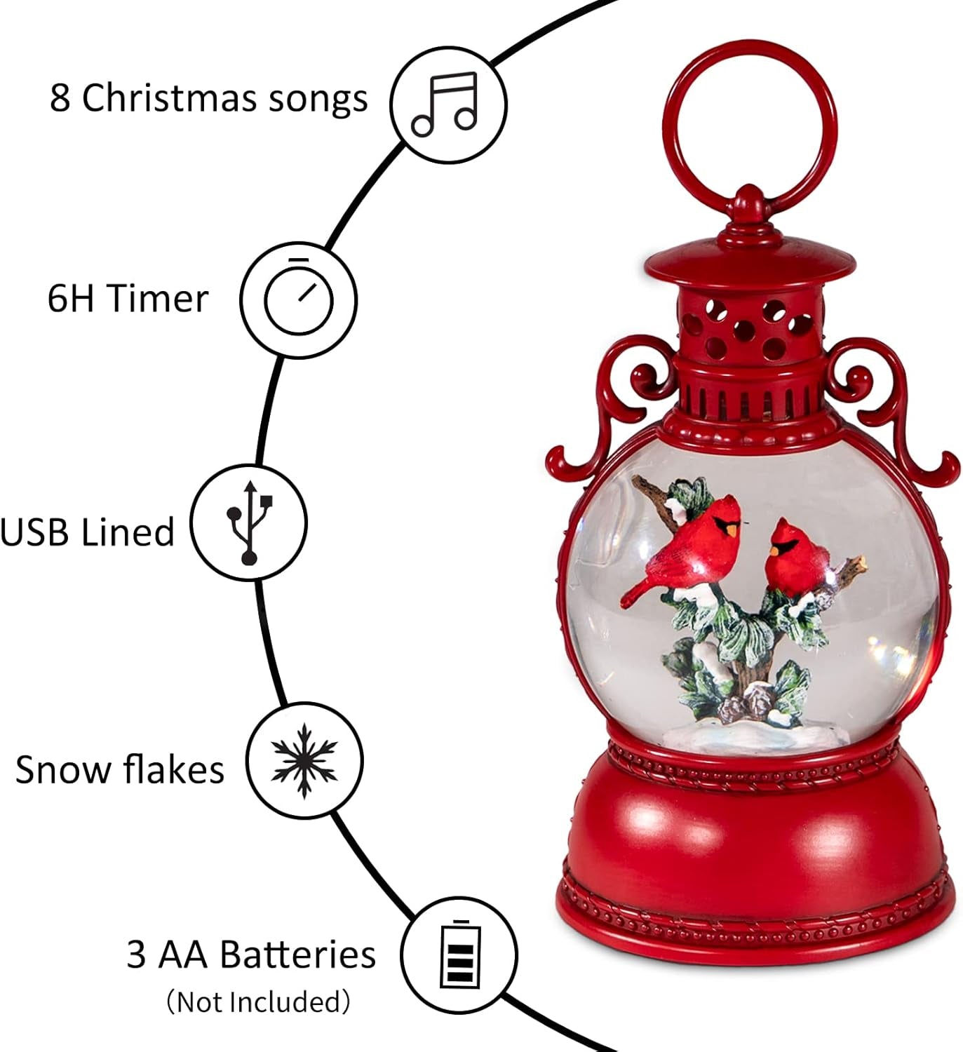 Christmas Snow Globes, Cardinal Christmas Water Globes with 8 Songs, 6H Timer Battery & USB Powered Glitter Snow Globe Music Box Suitable for Christmas Home Decorations Holiday Party Gifts