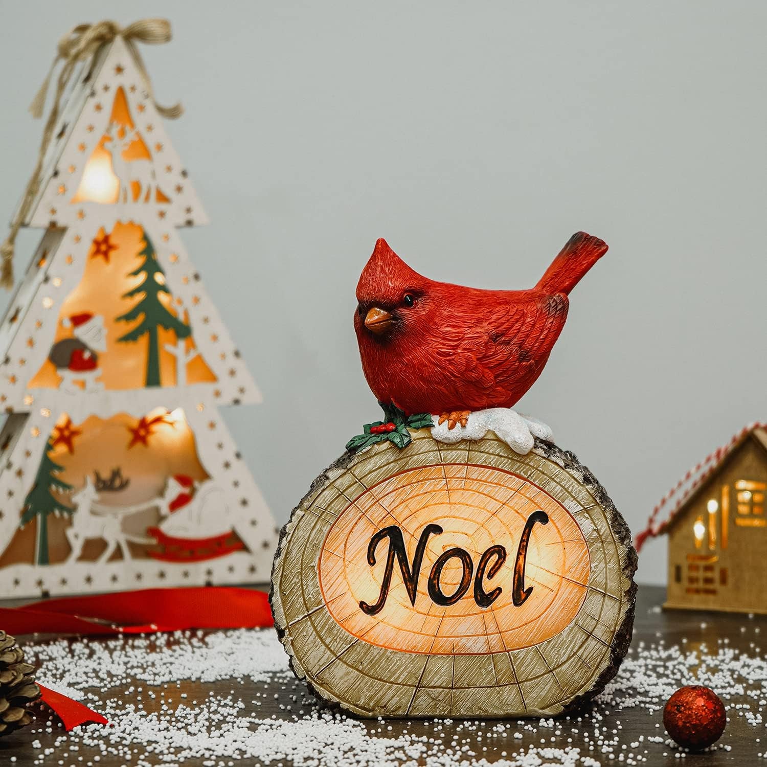 Christmas Red Bird Resin Statue with LED Light Cardinal Bird for Home and Lawn Decor, Noel