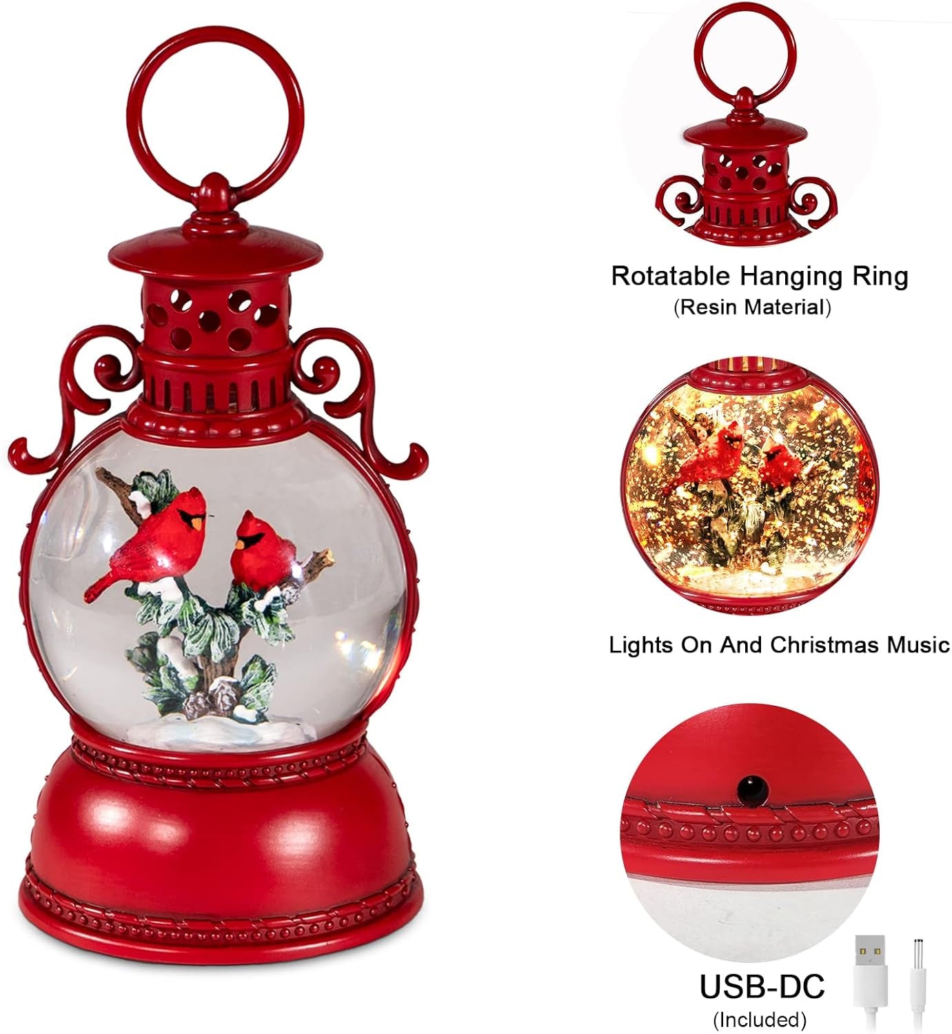 Christmas Snow Globes, Cardinal Christmas Water Globes with 8 Songs, 6H Timer Battery & USB Powered Glitter Snow Globe Music Box Suitable for Christmas Home Decorations Holiday Party Gifts