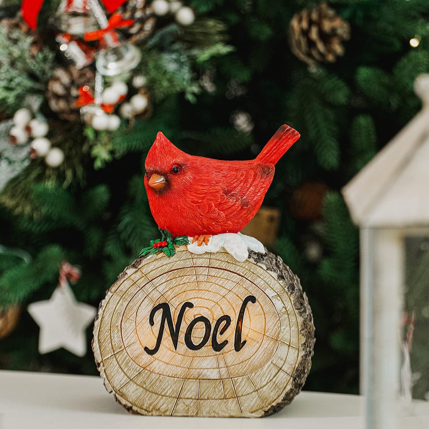Christmas Red Bird Resin Statue with LED Light Cardinal Bird for Home and Lawn Decor, Noel