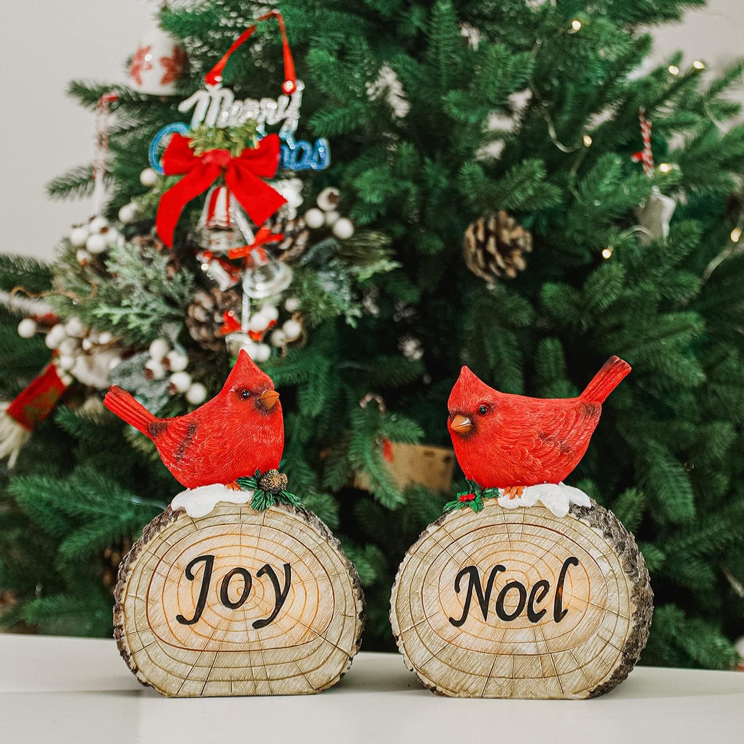 Christmas Red Bird Resin Statue with LED Light Cardinal Bird for Home and Lawn Decor, Noel