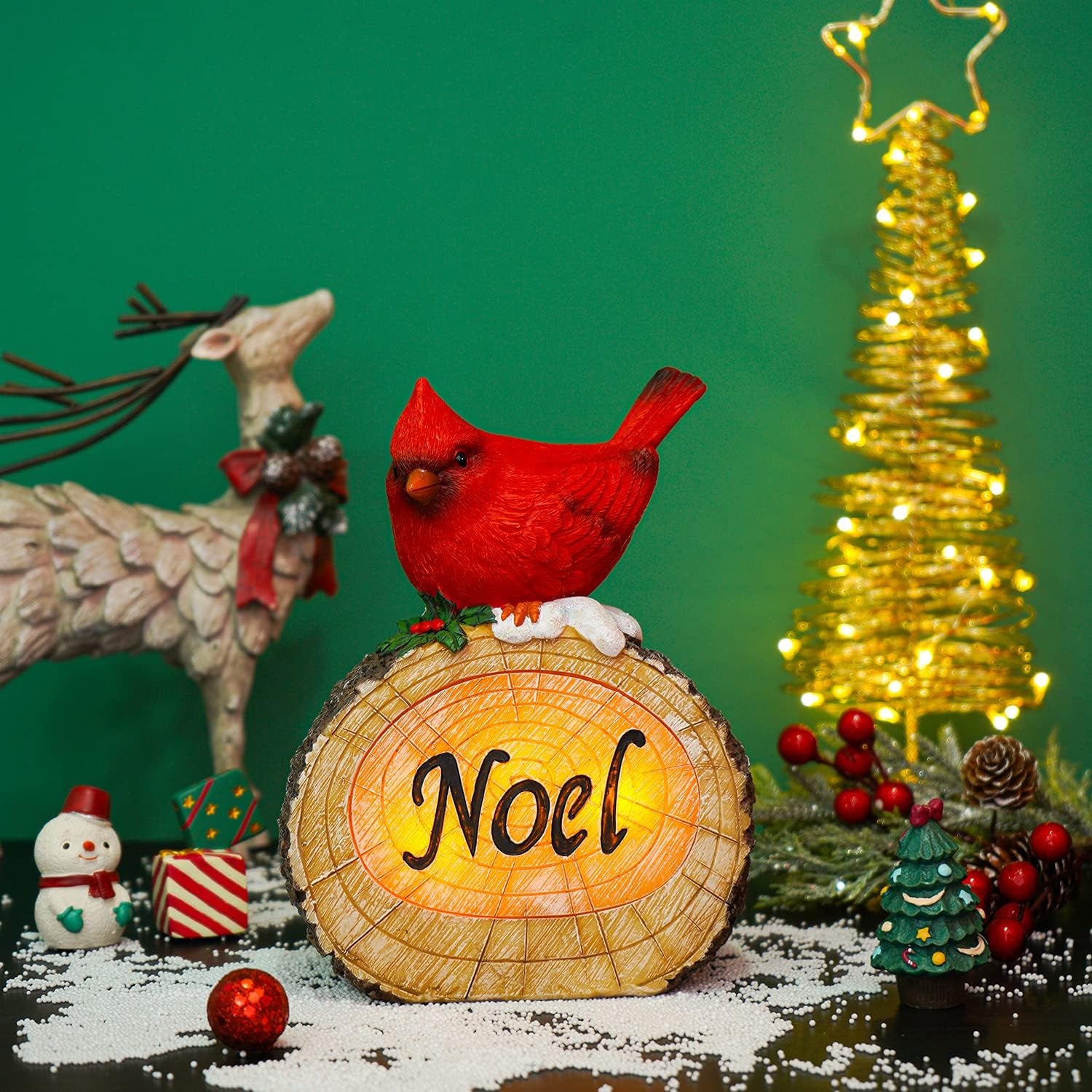 Christmas Red Bird Resin Statue with LED Light Cardinal Bird for Home and Lawn Decor, Noel