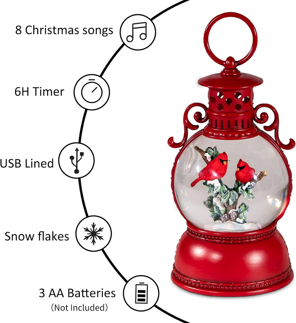 Christmas Snow Globes, Cardinal Christmas Water Globes with 8 Songs, 6H Timer Battery & USB Powered Glitter Snow Globe Music Box Suitable for Christmas Home Decorations Holiday Party Gifts